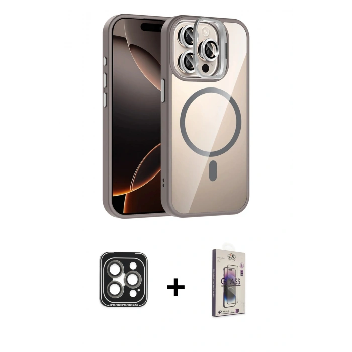 MARSİLYAN™- iPhone 15 Pro Max Kılıf Yadigar Asil Koleksiyonu - Siyah Bilvis 3D Cam Ekran Koruyucu + PVD Metal Kamera Lens - GI