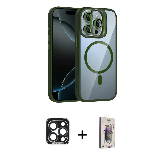 MARSİLYAN™- iPhone 15 Pro Max Kılıf Yadigar Asil Koleksiyonu - Siyah Bilvis 3D Cam Ekran Koruyucu + PVD Metal Kamera Lens - LT