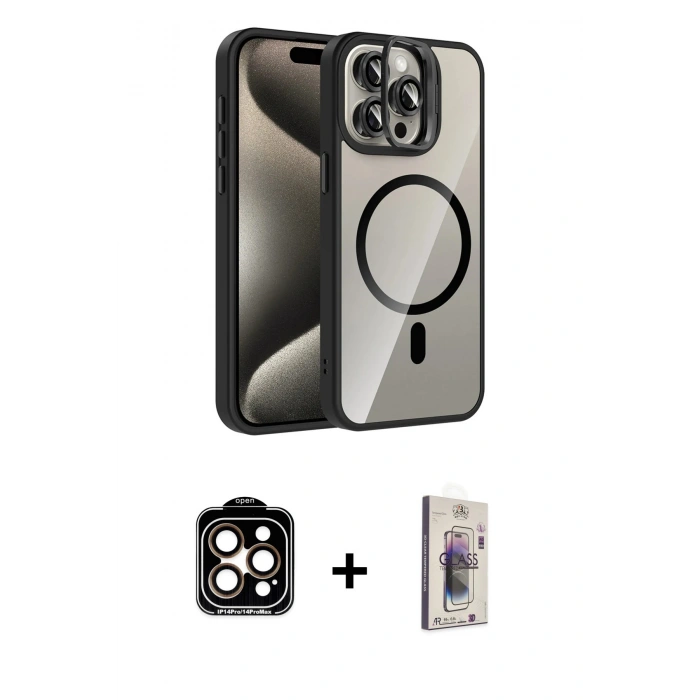 MARSİLYAN™- iPhone 15 Pro Max Kılıf Yadigar Asil Koleksiyonu - Siyah Bilvis 3D Cam Ekran Koruyucu + PVD Metal Kamera Lens - TU