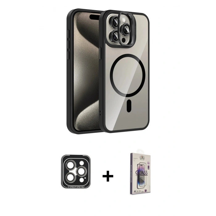 MARSİLYAN™- iPhone 15 Pro Max Kılıf Yadigar Asil Koleksiyonu - Siyah Bilvis 3D Cam Ekran Koruyucu + PVD Metal Kamera Lens - GI