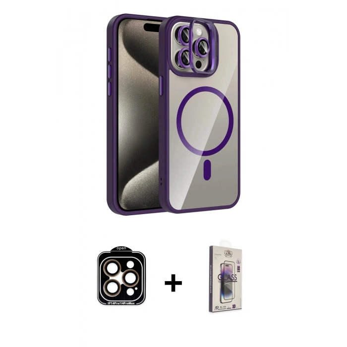 MARSİLYAN™- iPhone 15 Pro Max Kılıf Yadigar Asil Koleksiyonu - Siyah Bilvis 3D Cam Ekran Koruyucu + PVD Metal Kamera Lens - TU