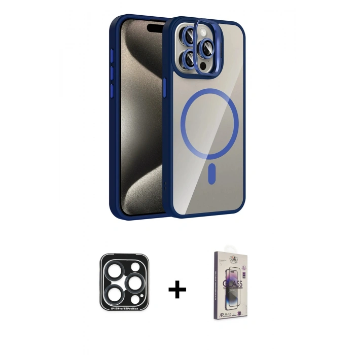 MARSİLYAN™- iPhone 15 Pro Max Kılıf Yadigar Asil Koleksiyonu - Siyah Bilvis 3D Cam Ekran Koruyucu + PVD Metal Kamera Lens - LT
