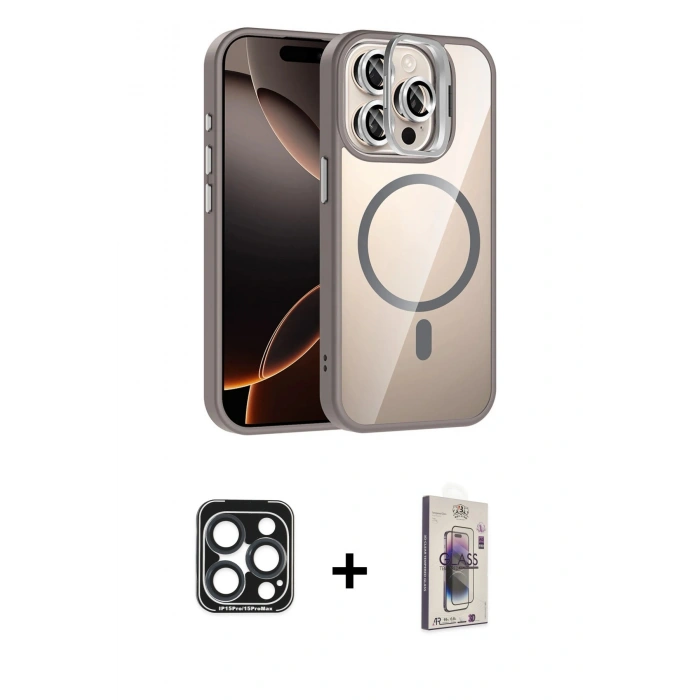 MARSİLYAN™- iPhone 15 Pro Max Kılıf Yadigar Asil Koleksiyonu - Siyah Bilvis 3D Cam Ekran Koruyucu + PVD Metal Kamera Lens - LT