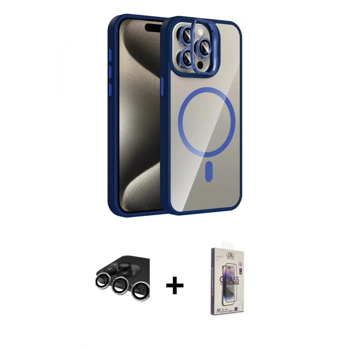 MARSİLYAN™- iPhone 15 Pro Max Kılıf Yadigar Asil Koleksiyonu - Siyah Bilvis 3D Cam Ekran Koruyucu + Raze Metal Kamera Lens - GS