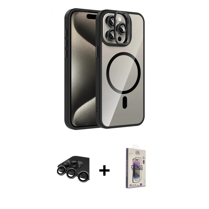 MARSİLYAN™- iPhone 15 Pro Max Kılıf Yadigar Asil Koleksiyonu - Siyah Bilvis 3D Cam Ekran Koruyucu + Raze Metal Kamera Lens - TMGI