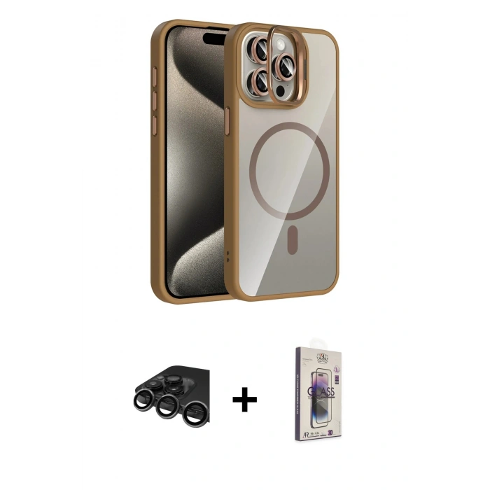 MARSİLYAN™- iPhone 15 Pro Max Kılıf Yadigar Asil Koleksiyonu - Siyah Bilvis 3D Cam Ekran Koruyucu + Raze Metal Kamera Lens - TMGI