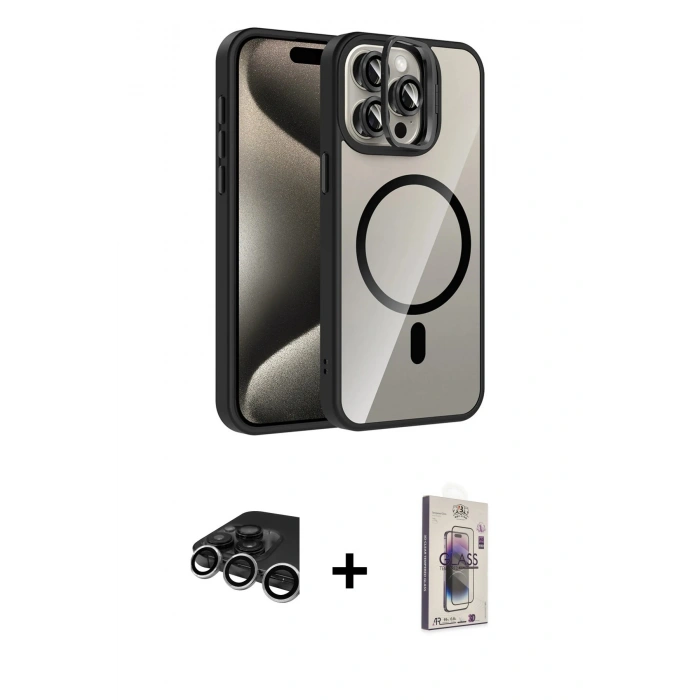 MARSİLYAN™- iPhone 15 Pro Max Kılıf Yadigar Asil Koleksiyonu - Siyah Bilvis 3D Cam Ekran Koruyucu + Raze Metal Kamera Lens - GS