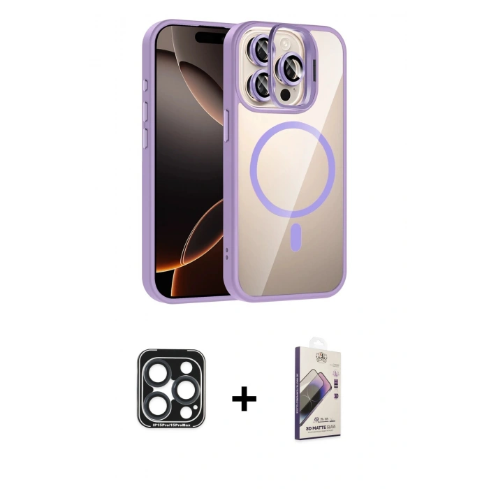 MARSİLYAN™- iPhone 15 Pro Max Kılıf Yadigar Asil Koleksiyonu - Siyah Bilvis 3D Mat Cam Ekran Koruyucu + PVD Metal Kamera Lens - LT
