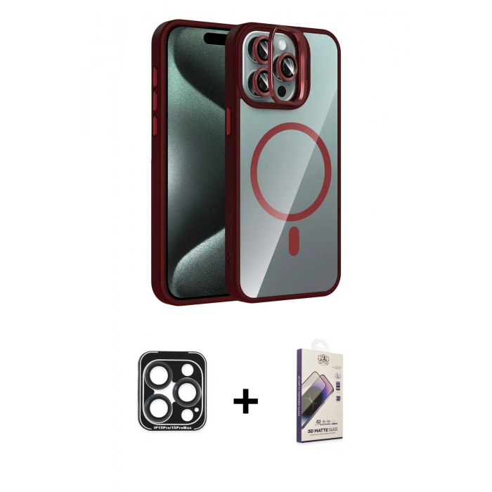 MARSİLYAN™- iPhone 15 Pro Max Kılıf Yadigar Asil Koleksiyonu - Siyah Bilvis 3D Mat Cam Ekran Koruyucu + PVD Metal Kamera Lens - LT