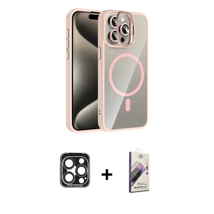 MARSİLYAN™- iPhone 15 Pro Max Kılıf Yadigar Asil Koleksiyonu - Siyah Bilvis 3D Mat Cam Ekran Koruyucu + PVD Metal Kamera Lens - LT