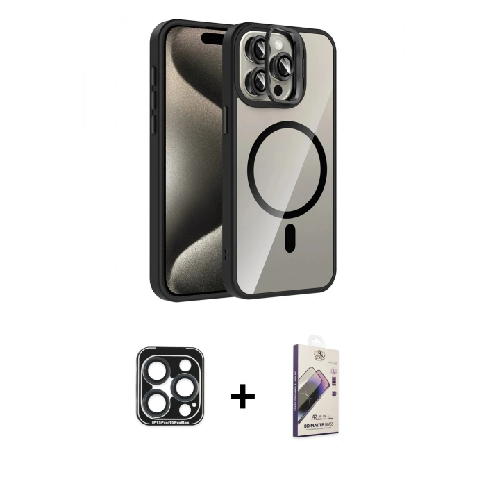 MARSİLYAN™- iPhone 15 Pro Max Kılıf Yadigar Asil Koleksiyonu - Siyah Bilvis 3D Mat Cam Ekran Koruyucu + PVD Metal Kamera Lens - LT