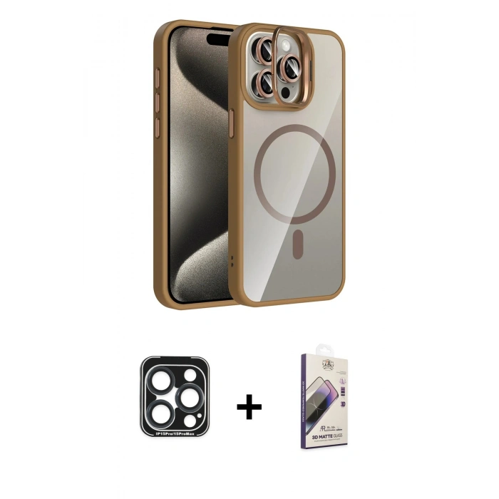 MARSİLYAN™- iPhone 15 Pro Max Kılıf Yadigar Asil Koleksiyonu - Siyah Bilvis 3D Mat Cam Ekran Koruyucu + PVD Metal Kamera Lens - LT