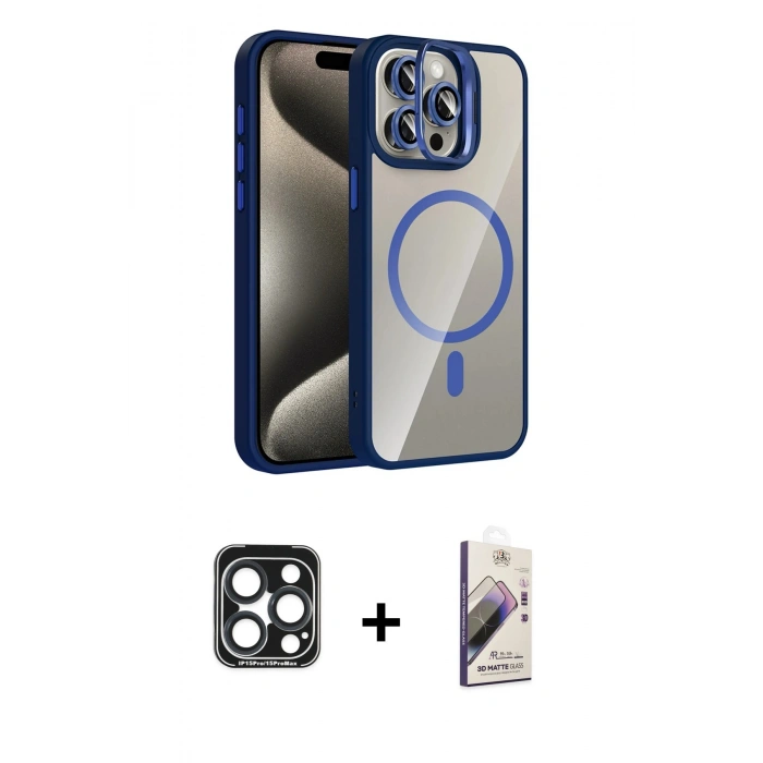 MARSİLYAN™- iPhone 15 Pro Max Kılıf Yadigar Asil Koleksiyonu - Siyah Bilvis 3D Mat Cam Ekran Koruyucu + PVD Metal Kamera Lens - LT