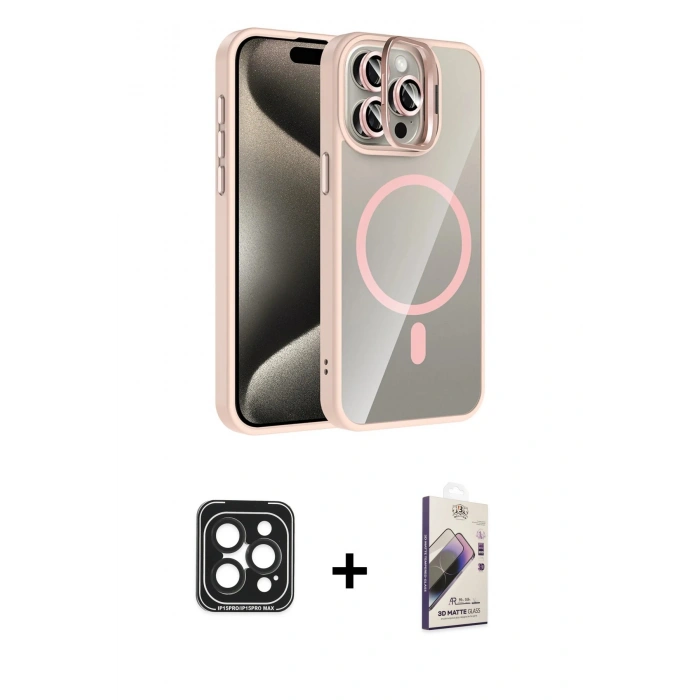 MARSİLYAN™- iPhone 15 Pro Max Kılıf Yadigar Asil Koleksiyonu - Siyah Bilvis 3D Mat Cam Ekran Koruyucu + PVD Metal Kamera Lens - SH
