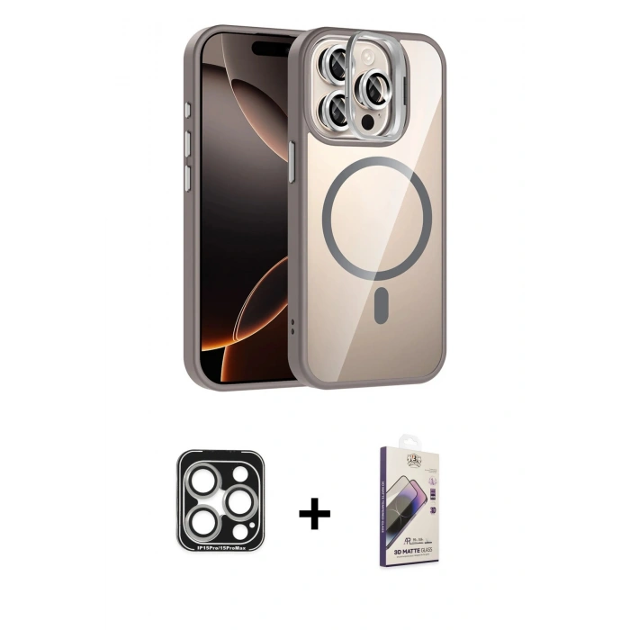 MARSİLYAN™- iPhone 15 Pro Max Kılıf Yadigar Asil Koleksiyonu - Siyah Bilvis 3D Mat Cam Ekran Koruyucu + PVD Metal Kamera Lens - GS
