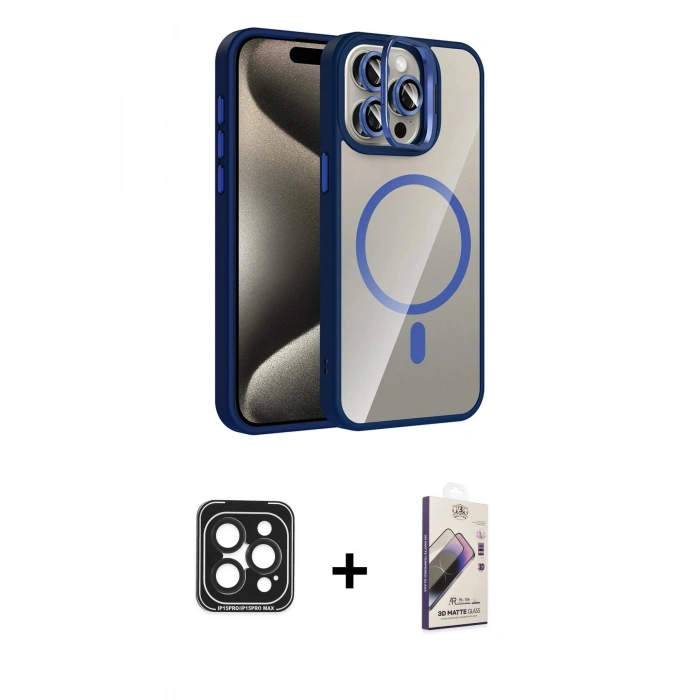 MARSİLYAN™- iPhone 15 Pro Max Kılıf Yadigar Asil Koleksiyonu - Siyah Bilvis 3D Mat Cam Ekran Koruyucu + PVD Metal Kamera Lens - SH