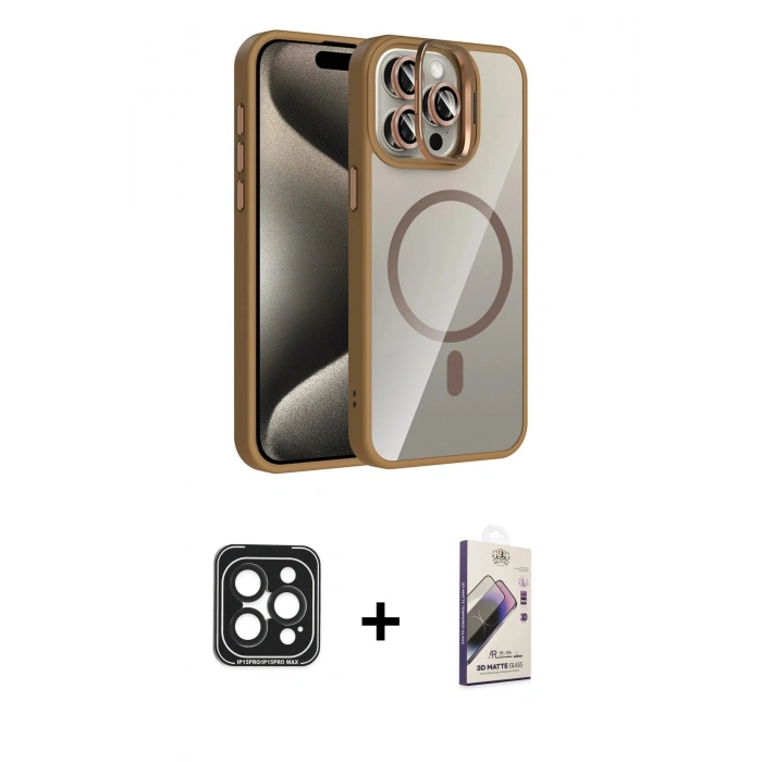 MARSİLYAN™- iPhone 15 Pro Max Kılıf Yadigar Asil Koleksiyonu - Siyah Bilvis 3D Mat Cam Ekran Koruyucu + PVD Metal Kamera Lens - SH