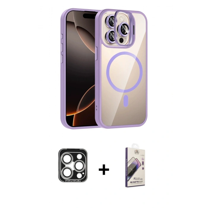 MARSİLYAN™- iPhone 15 Pro Max Kılıf Yadigar Asil Koleksiyonu - Siyah Bilvis 3D Mat Cam Ekran Koruyucu + PVD Metal Kamera Lens - GS