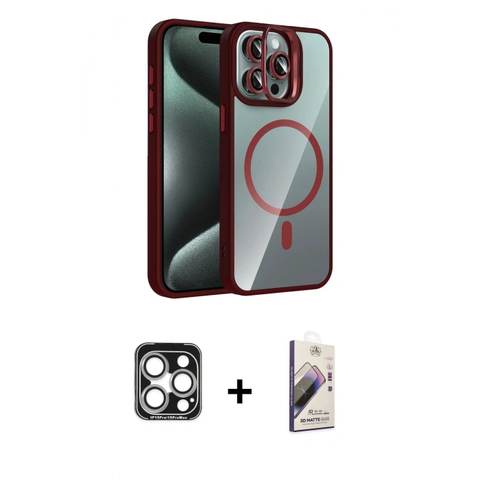 MARSİLYAN™- iPhone 15 Pro Max Kılıf Yadigar Asil Koleksiyonu - Siyah Bilvis 3D Mat Cam Ekran Koruyucu + PVD Metal Kamera Lens - GS
