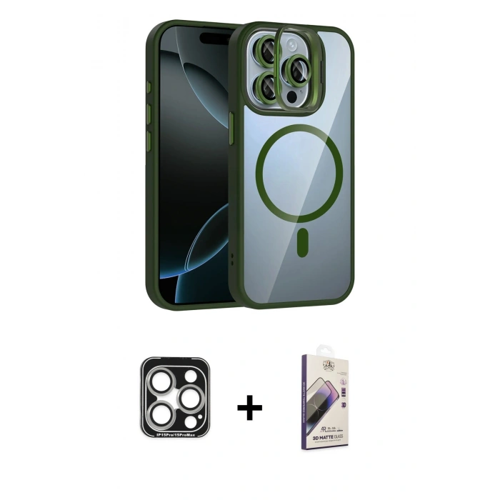 MARSİLYAN™- iPhone 15 Pro Max Kılıf Yadigar Asil Koleksiyonu - Siyah Bilvis 3D Mat Cam Ekran Koruyucu + PVD Metal Kamera Lens - GS