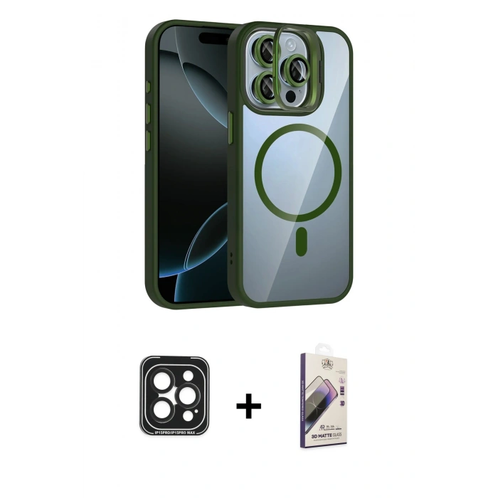 MARSİLYAN™- iPhone 15 Pro Max Kılıf Yadigar Asil Koleksiyonu - Siyah Bilvis 3D Mat Cam Ekran Koruyucu + PVD Metal Kamera Lens - SH