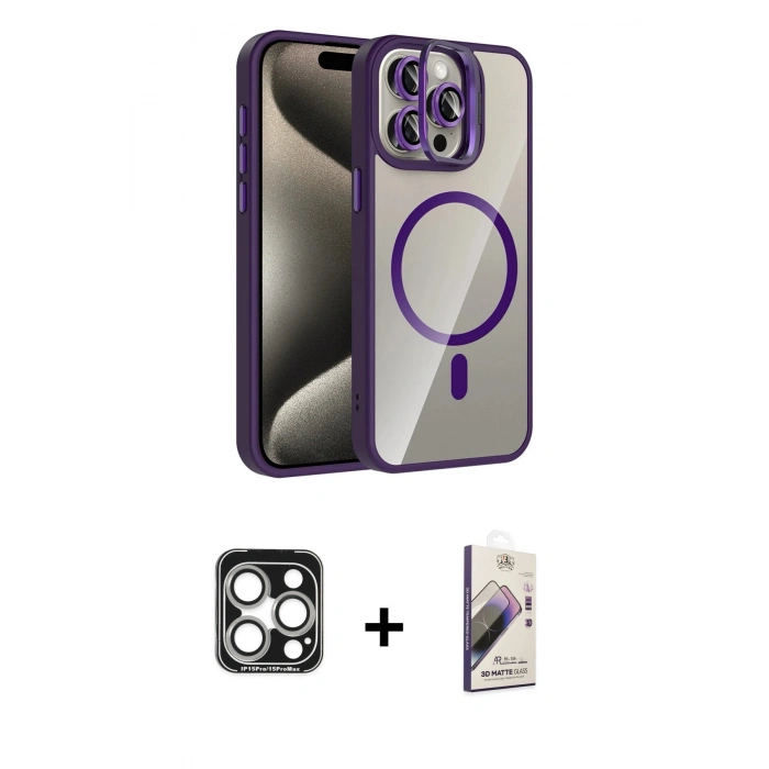 MARSİLYAN™- iPhone 15 Pro Max Kılıf Yadigar Asil Koleksiyonu - Siyah Bilvis 3D Mat Cam Ekran Koruyucu + PVD Metal Kamera Lens - GS