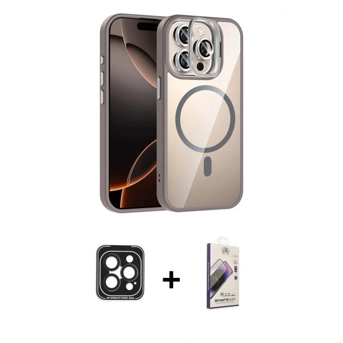 MARSİLYAN™- iPhone 15 Pro Max Kılıf Yadigar Asil Koleksiyonu - Siyah Bilvis 3D Mat Cam Ekran Koruyucu + PVD Metal Kamera Lens - SH
