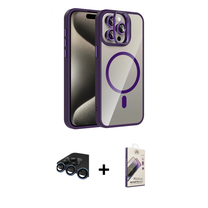 MARSİLYAN™- iPhone 15 Pro Max Kılıf Yadigar Asil Koleksiyonu - Siyah Bilvis 3D Mat Cam Ekran Koruyucu + Raze Metal Kamera Lens - LT