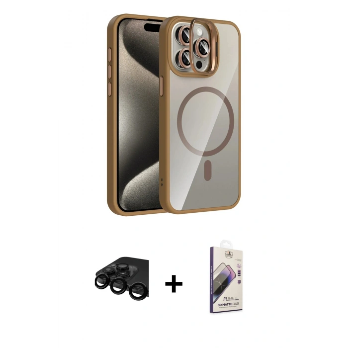 MARSİLYAN™- iPhone 15 Pro Max Kılıf Yadigar Asil Koleksiyonu - Siyah Bilvis 3D Mat Cam Ekran Koruyucu + Raze Metal Kamera Lens - SH