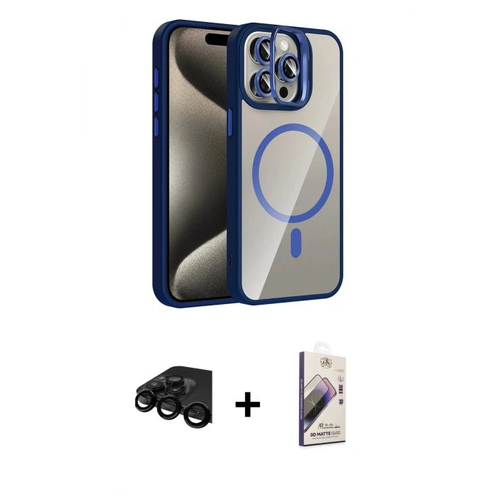 MARSİLYAN™- iPhone 15 Pro Max Kılıf Yadigar Asil Koleksiyonu - Siyah Bilvis 3D Mat Cam Ekran Koruyucu + Raze Metal Kamera Lens - SH