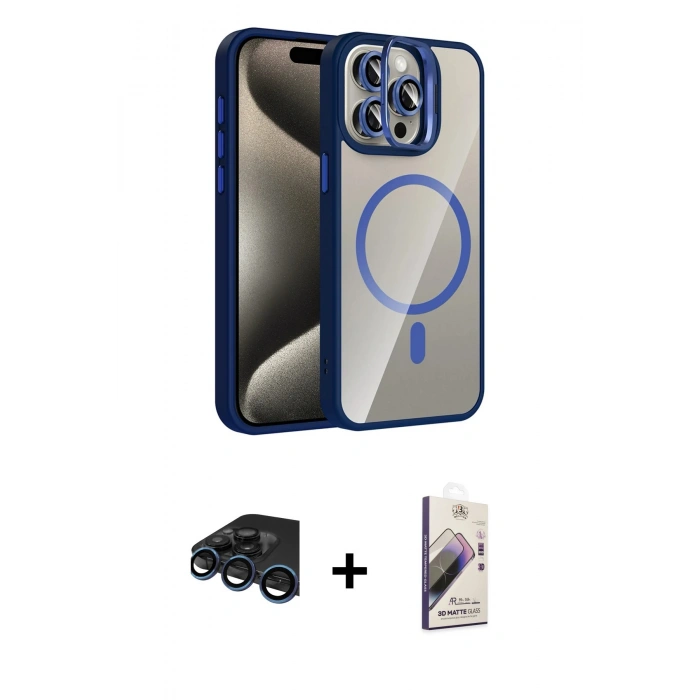 MARSİLYAN™- iPhone 15 Pro Max Kılıf Yadigar Asil Koleksiyonu - Siyah Bilvis 3D Mat Cam Ekran Koruyucu + Raze Metal Kamera Lens - LT