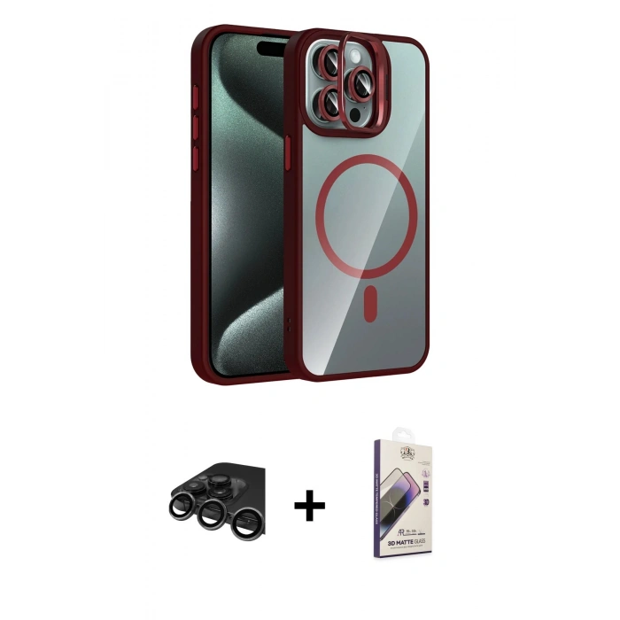 MARSİLYAN™- iPhone 15 Pro Max Kılıf Yadigar Asil Koleksiyonu - Siyah Bilvis 3D Mat Cam Ekran Koruyucu + Raze Metal Kamera Lens - TMGI