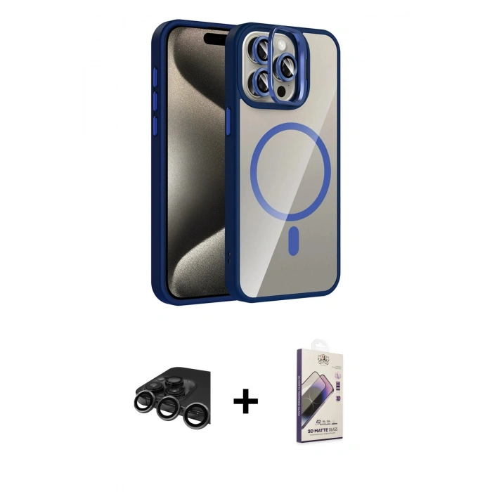 MARSİLYAN™- iPhone 15 Pro Max Kılıf Yadigar Asil Koleksiyonu - Siyah Bilvis 3D Mat Cam Ekran Koruyucu + Raze Metal Kamera Lens - TMGI