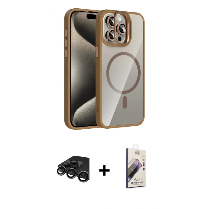 MARSİLYAN™- iPhone 15 Pro Max Kılıf Yadigar Asil Koleksiyonu - Siyah Bilvis 3D Mat Cam Ekran Koruyucu + Raze Metal Kamera Lens - TMGI