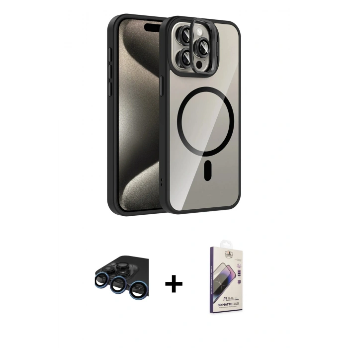 MARSİLYAN™- iPhone 15 Pro Max Kılıf Yadigar Asil Koleksiyonu - Siyah Bilvis 3D Mat Cam Ekran Koruyucu + Raze Metal Kamera Lens - LT