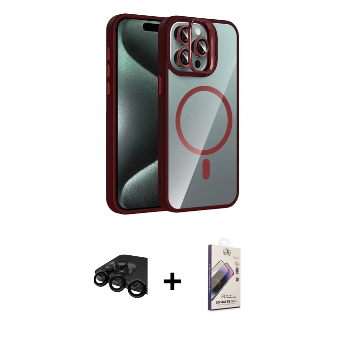MARSİLYAN™- iPhone 15 Pro Max Kılıf Yadigar Asil Koleksiyonu - Siyah Bilvis 3D Mat Cam Ekran Koruyucu + Raze Metal Kamera Lens - SH