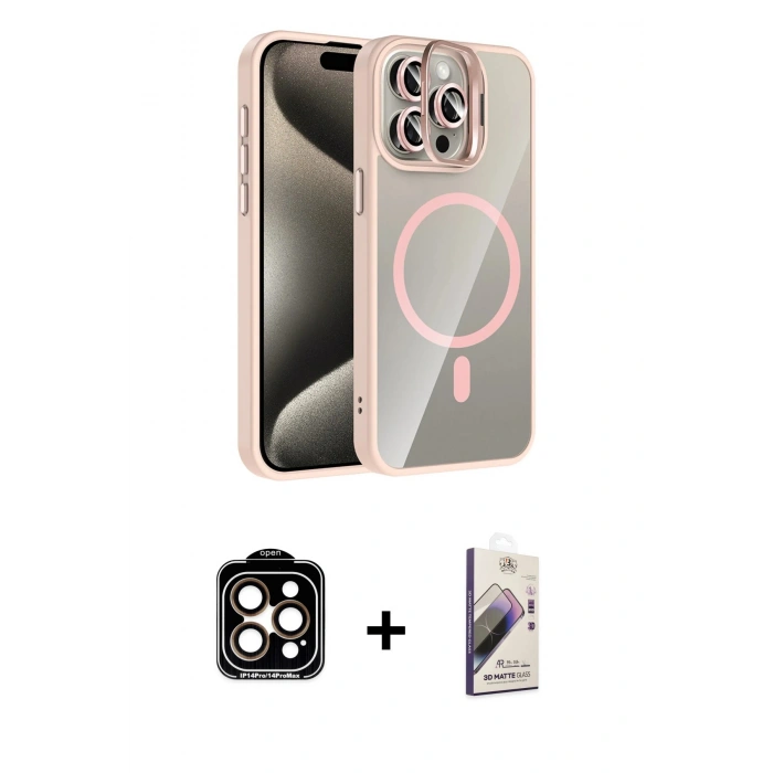MARSİLYAN™- iPhone 15 Pro Max Kılıf Yadigar Asil Koleksiyonu - Siyah Bilvis 3D Mat Cam Ekran Koruyucu + PVD Metal Kamera Lens - TU