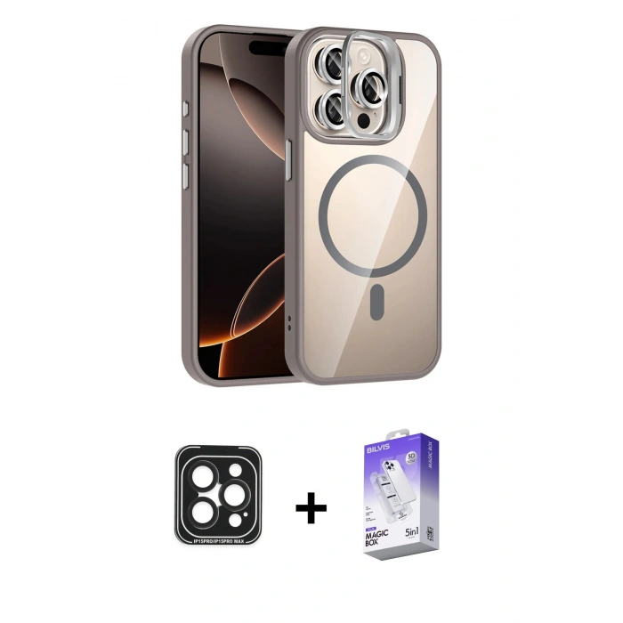 MARSİLYAN™- iPhone 15 Pro Max Kılıf Yadigar Asil Koleksiyonu - Siyah Bilvis 5in1 3D Magic Cam Ekran Koruyucu + PVD Metal Kamera Lens - SH