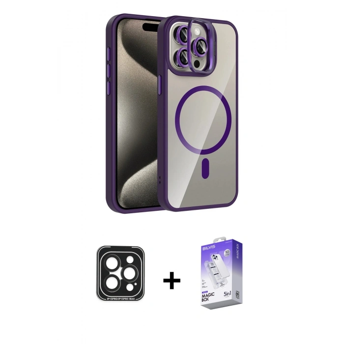 MARSİLYAN™- iPhone 15 Pro Max Kılıf Yadigar Asil Koleksiyonu - Siyah Bilvis 5in1 3D Magic Cam Ekran Koruyucu + PVD Metal Kamera Lens - SH