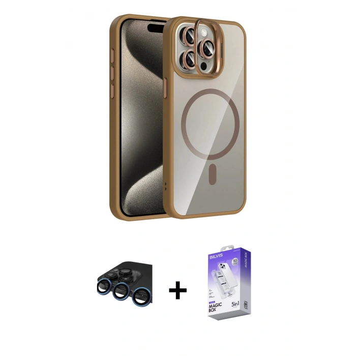 MARSİLYAN™- iPhone 15 Pro Max Kılıf Yadigar Asil Koleksiyonu - Siyah Bilvis 5in1 3D Magic Cam Ekran Koruyucu + Raze Metal Kamera Lens - LT