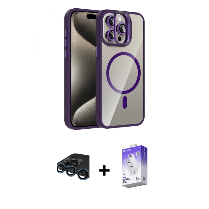 MARSİLYAN™- iPhone 15 Pro Max Kılıf Yadigar Asil Koleksiyonu - Siyah Bilvis 5in1 3D Magic Cam Ekran Koruyucu + Raze Metal Kamera Lens - LT