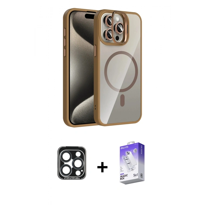 MARSİLYAN™- iPhone 15 Pro Max Kılıf Yadigar Asil Koleksiyonu - Siyah Bilvis 5in1 3D Magic Cam Ekran Koruyucu + PVD Metal Kamera Lens - LT