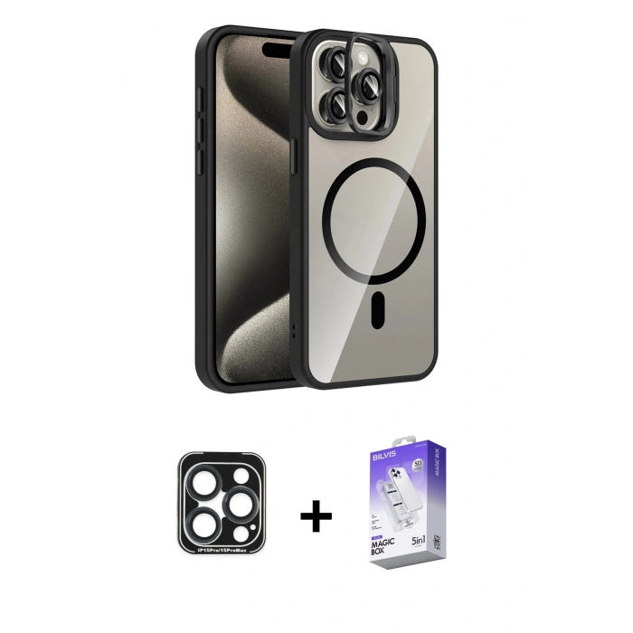 MARSİLYAN™- iPhone 15 Pro Max Kılıf Yadigar Asil Koleksiyonu - Siyah Bilvis 5in1 3D Magic Cam Ekran Koruyucu + PVD Metal Kamera Lens - LT
