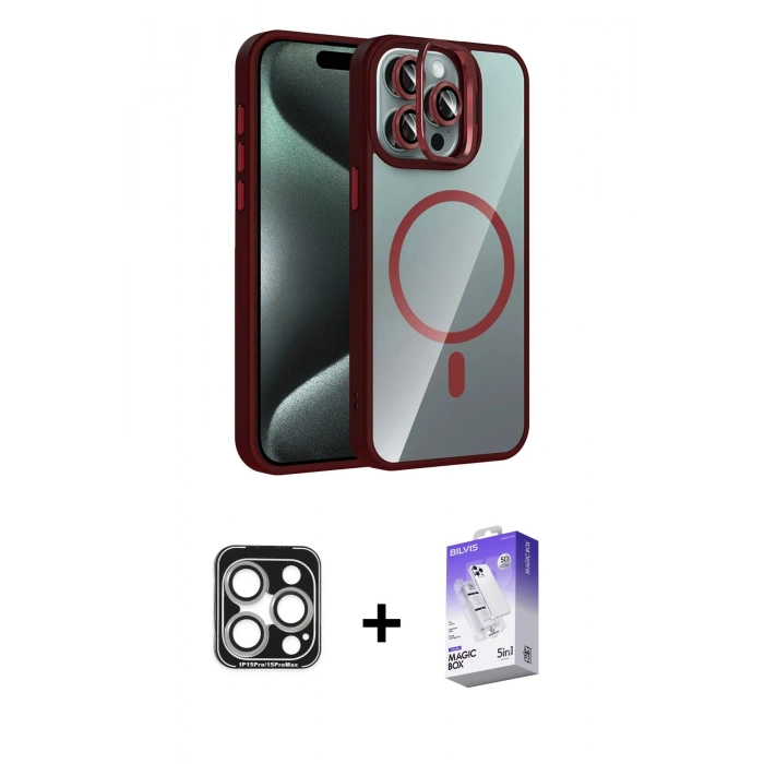 MARSİLYAN™- iPhone 15 Pro Max Kılıf Yadigar Asil Koleksiyonu - Siyah Bilvis 5in1 3D Magic Cam Ekran Koruyucu + PVD Metal Kamera Lens - GS