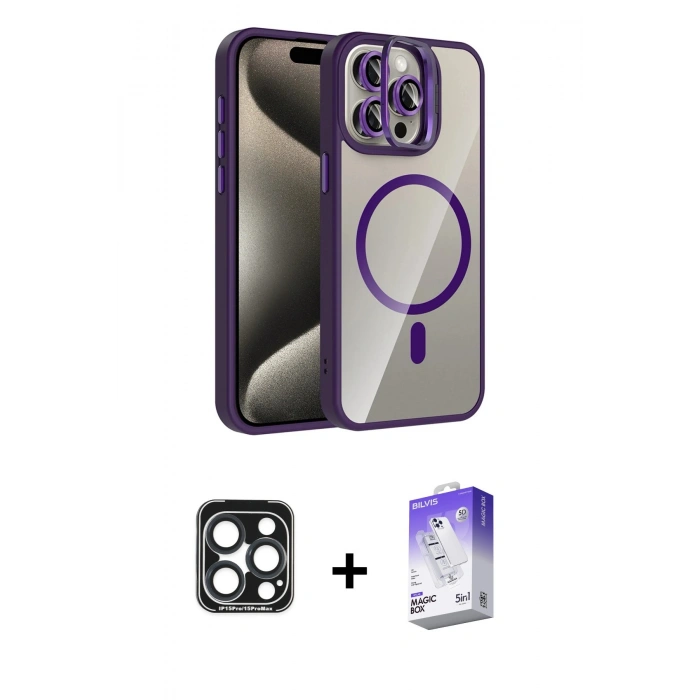 MARSİLYAN™- iPhone 15 Pro Max Kılıf Yadigar Asil Koleksiyonu - Siyah Bilvis 5in1 3D Magic Cam Ekran Koruyucu + PVD Metal Kamera Lens - LT