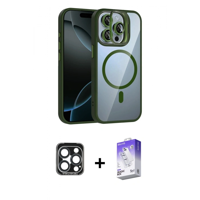 MARSİLYAN™- iPhone 15 Pro Max Kılıf Yadigar Asil Koleksiyonu - Siyah Bilvis 5in1 3D Magic Cam Ekran Koruyucu + PVD Metal Kamera Lens - LT