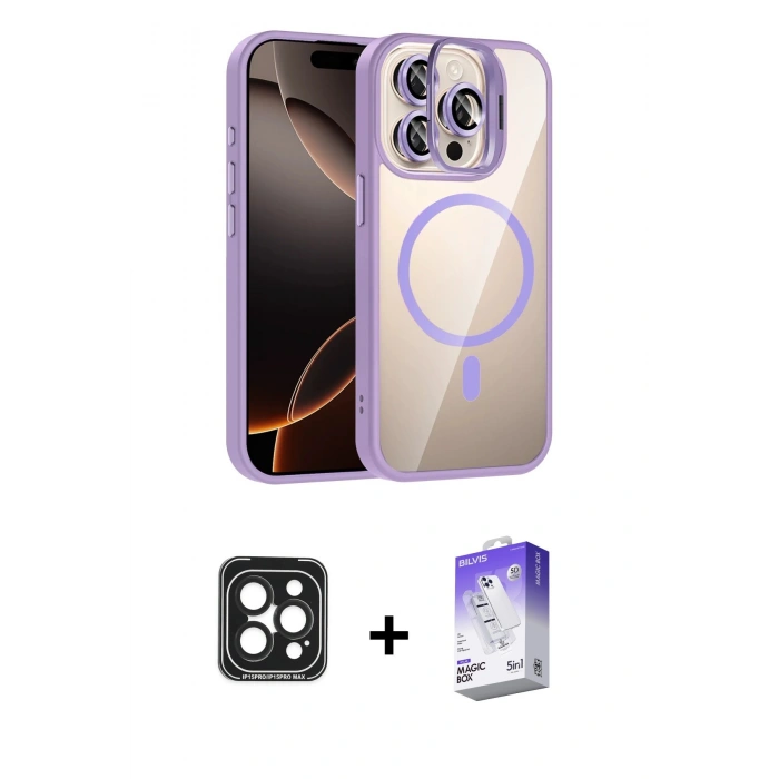 MARSİLYAN™- iPhone 15 Pro Max Kılıf Yadigar Asil Koleksiyonu - Siyah Bilvis 5in1 3D Magic Cam Ekran Koruyucu + PVD Metal Kamera Lens - SH