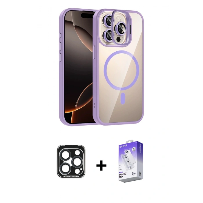 MARSİLYAN™- iPhone 15 Pro Max Kılıf Yadigar Asil Koleksiyonu - Siyah Bilvis 5in1 3D Magic Cam Ekran Koruyucu + PVD Metal Kamera Lens - LT