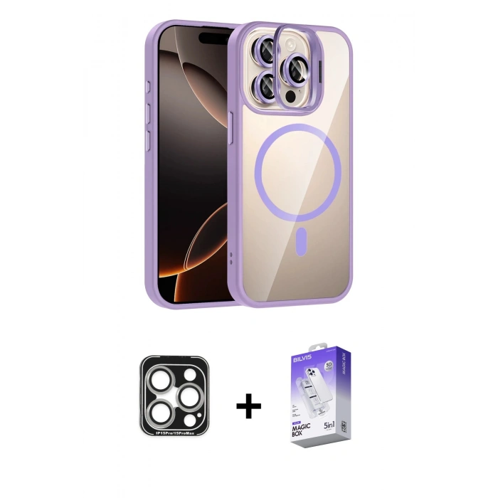 MARSİLYAN™- iPhone 15 Pro Max Kılıf Yadigar Asil Koleksiyonu - Siyah Bilvis 5in1 3D Magic Cam Ekran Koruyucu + PVD Metal Kamera Lens - GS