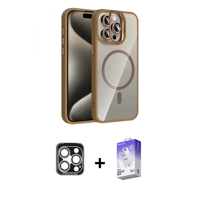 MARSİLYAN™- iPhone 15 Pro Max Kılıf Yadigar Asil Koleksiyonu - Siyah Bilvis 5in1 3D Magic Cam Ekran Koruyucu + PVD Metal Kamera Lens - GS